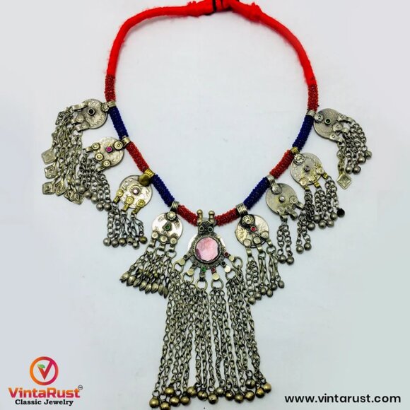 Vintage Dangling Coins and Long Silver Bells Necklace,Blue and Red Beaded - Picture 4 of 8